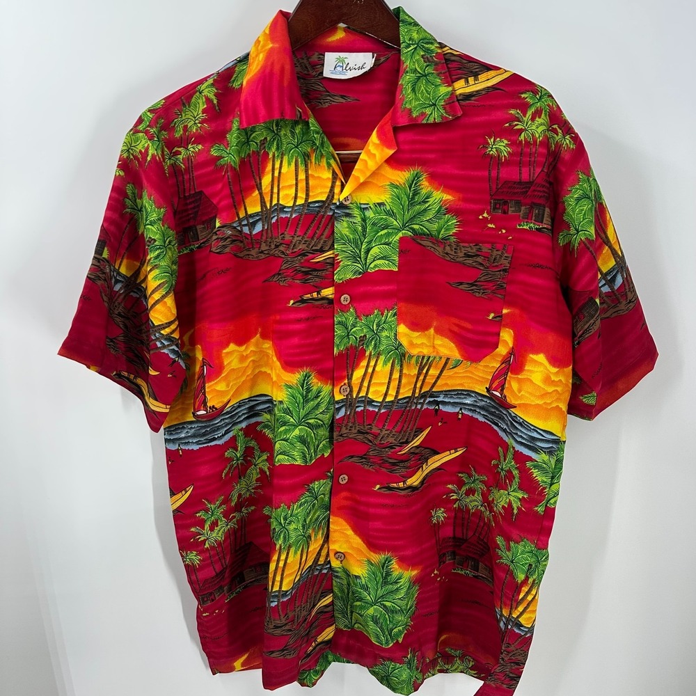 Vintage Alvish Palm Tree Sailboat Ocean Short-Sleeve Hawaiian Shirt Red Size M‎